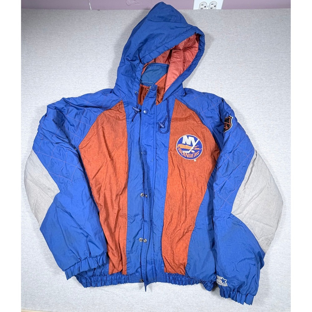 Vintage Starter New York Islanders NHL Puffer Jacket Blue Orange Mens XL Button